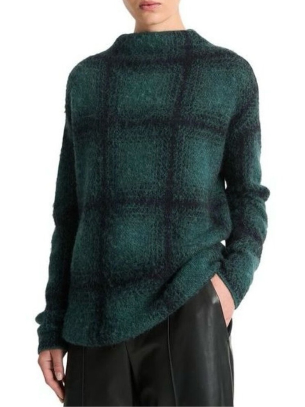 Vince Womens Shadow Plaid Funnel Neck Alpaca & Wool-Blend Sweater Sz Large